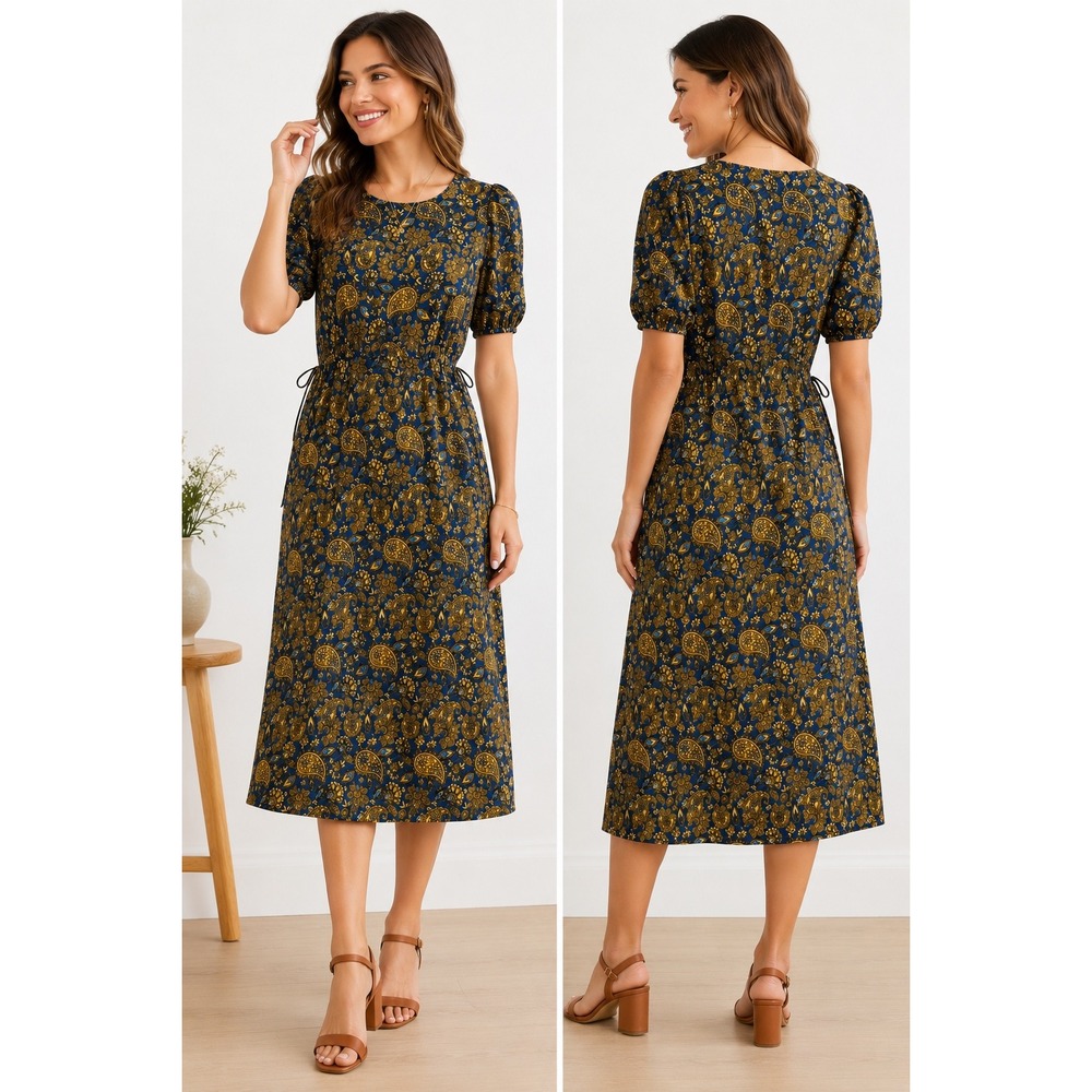 Boden Paisley Belted Midi Dress BluePuff Sleeve Cottagecore Pockets Ruched 6 - Picture 6 of 7